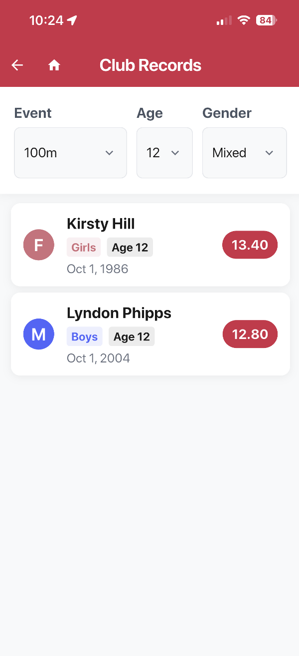 SplitFast Club Connect app Club Records screen showing 100m records for Age 12 filtered by event, age and gender with record holder names Kirsty Hill and Lyndon Phipps and their times